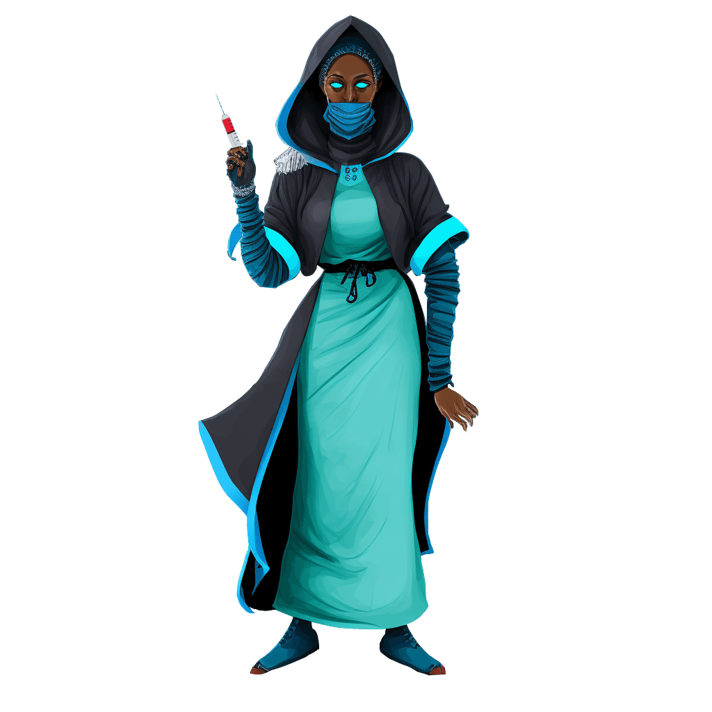 A dark soceress holding a syringe